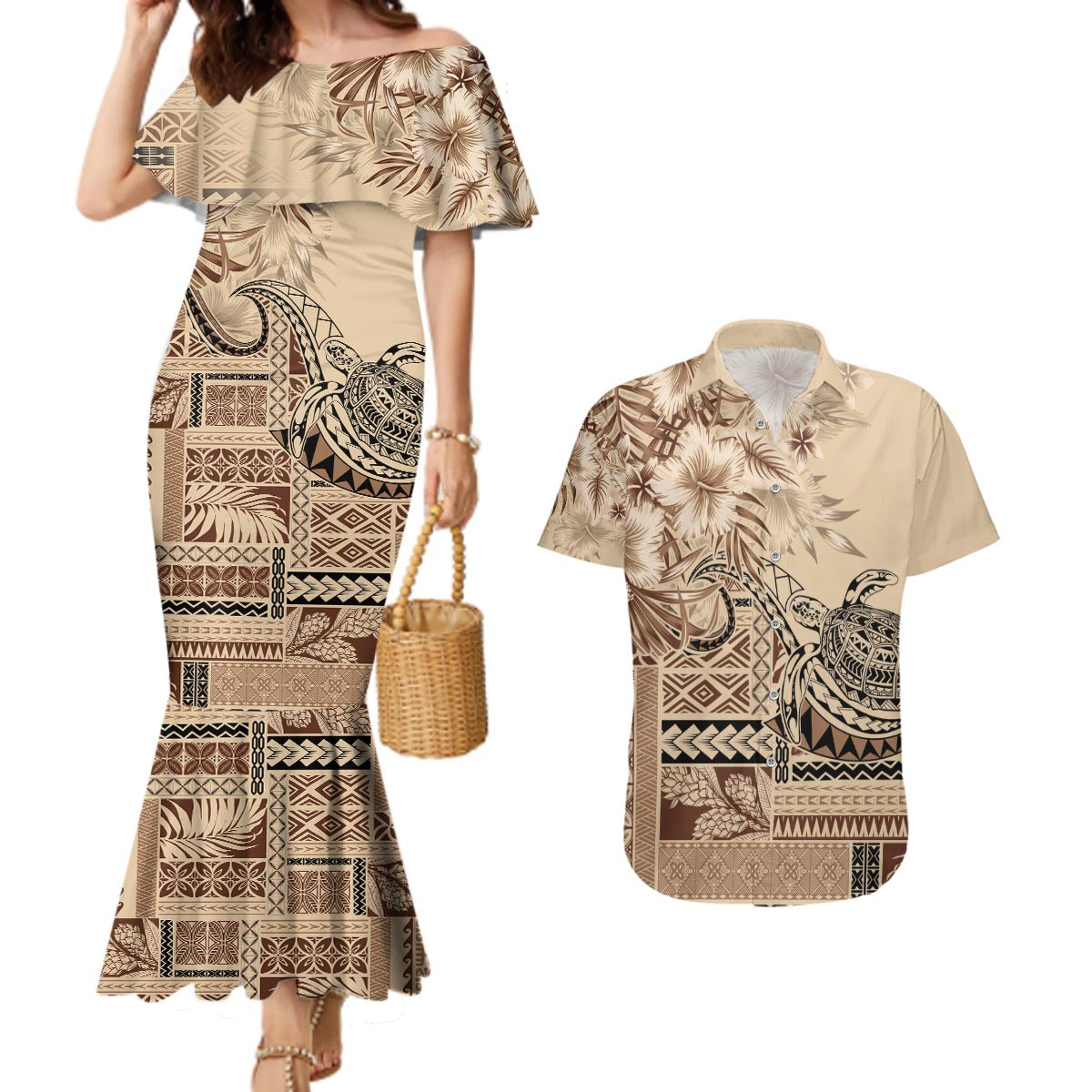 Vaiaso o le Gagana Samoa Couples Matching Mermaid Dress and Hawaiian Shirt Siapo Motif Beige LT7 Beige - Polynesian Pride
