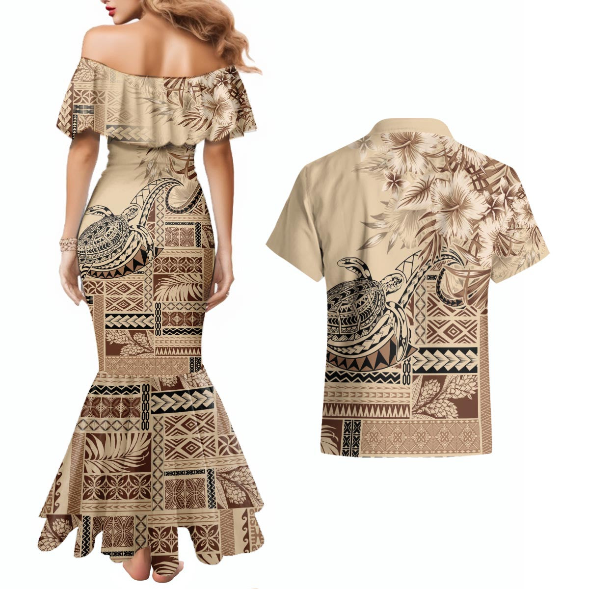 Vaiaso o le Gagana Samoa Couples Matching Mermaid Dress and Hawaiian Shirt Siapo Motif Beige LT7 - Polynesian Pride