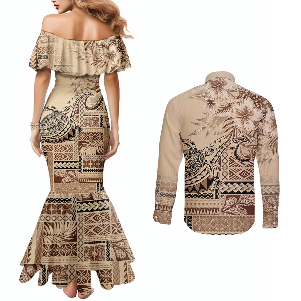 Vaiaso o le Gagana Samoa Couples Matching Mermaid Dress and Long Sleeve Button Shirt Siapo Motif Beige LT7 - Polynesian Pride