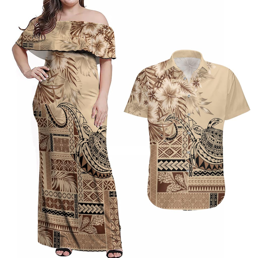 Vaiaso o le Gagana Samoa Couples Matching Off Shoulder Maxi Dress and Hawaiian Shirt Siapo Motif Beige LT7 Beige - Polynesian Pride