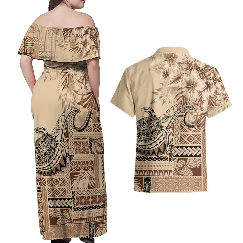 Vaiaso o le Gagana Samoa Couples Matching Off Shoulder Maxi Dress and Hawaiian Shirt Siapo Motif Beige LT7 - Polynesian Pride