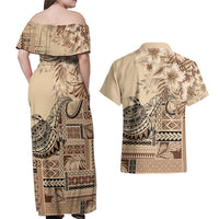 Vaiaso o le Gagana Samoa Couples Matching Off Shoulder Maxi Dress and Hawaiian Shirt Siapo Motif Beige LT7 - Polynesian Pride