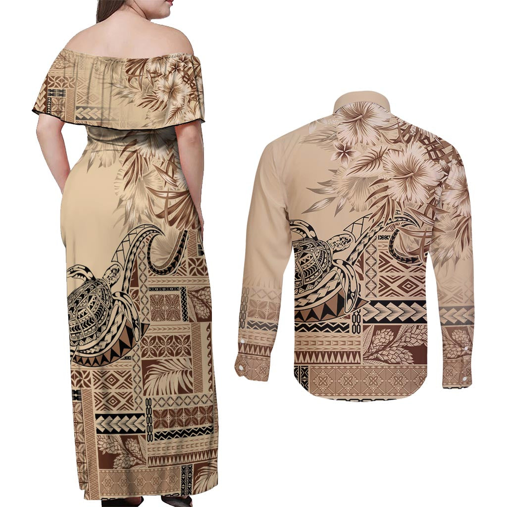 Vaiaso o le Gagana Samoa Couples Matching Off Shoulder Maxi Dress and Long Sleeve Button Shirt Siapo Motif Beige LT7 - Polynesian Pride