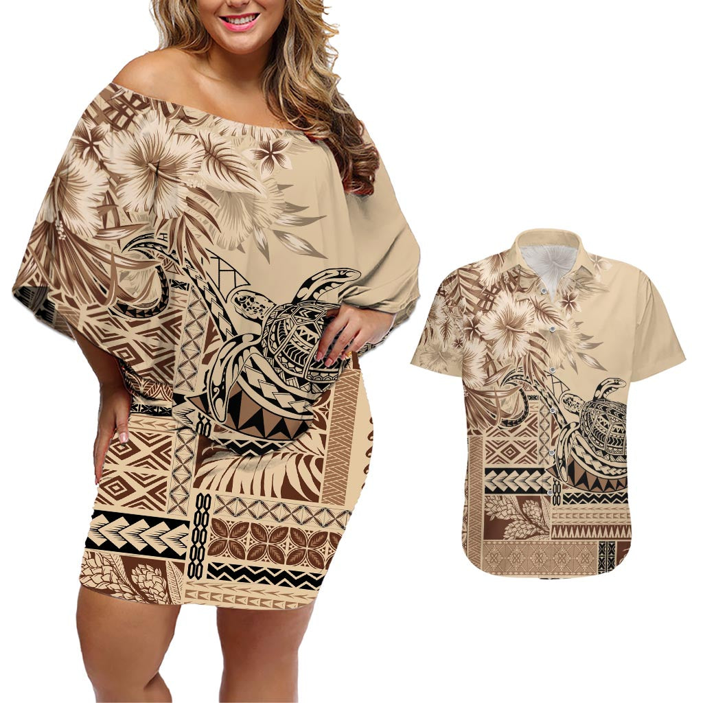 Vaiaso o le Gagana Samoa Couples Matching Off Shoulder Short Dress and Hawaiian Shirt Siapo Motif Beige LT7 Beige - Polynesian Pride