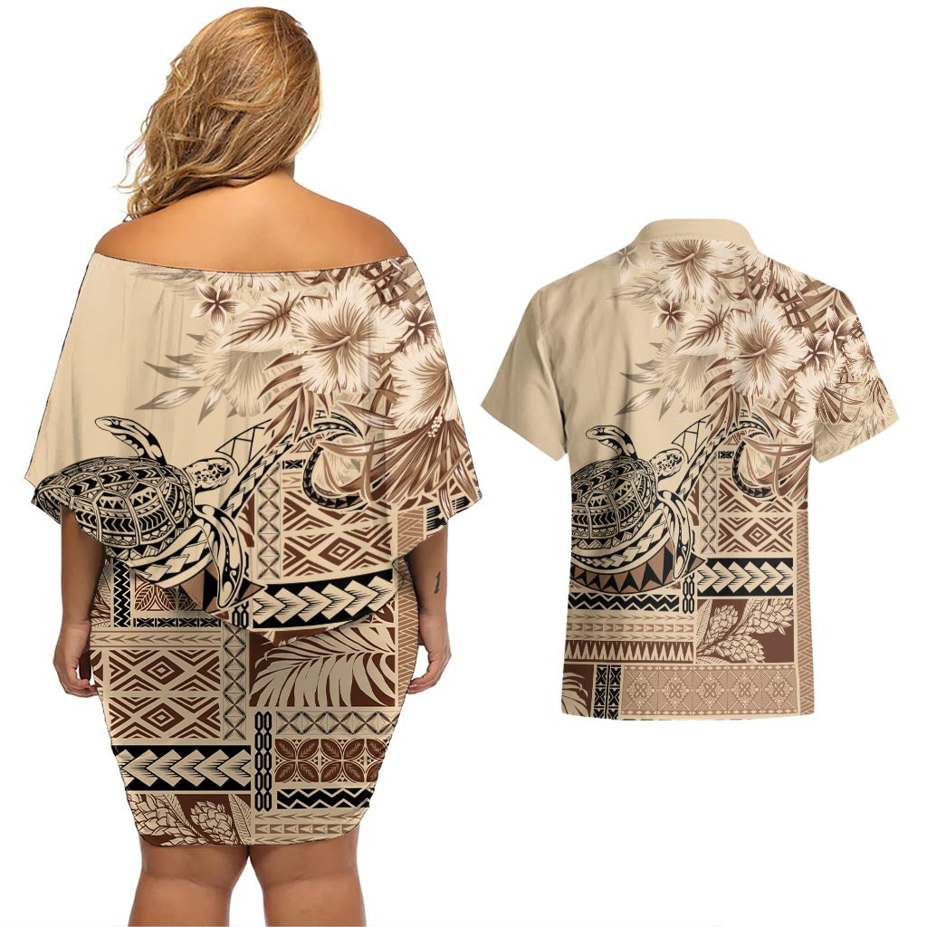 Vaiaso o le Gagana Samoa Couples Matching Off Shoulder Short Dress and Hawaiian Shirt Siapo Motif Beige LT7 - Polynesian Pride
