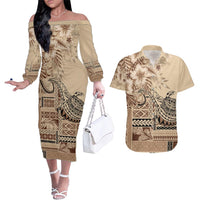 Vaiaso o le Gagana Samoa Couples Matching Off The Shoulder Long Sleeve Dress and Hawaiian Shirt Siapo Motif Beige LT7 Beige - Polynesian Pride