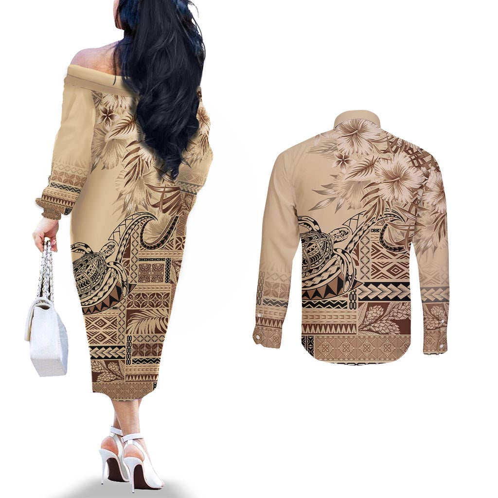 Vaiaso o le Gagana Samoa Couples Matching Off The Shoulder Long Sleeve Dress and Long Sleeve Button Shirt Siapo Motif Beige LT7 - Polynesian Pride