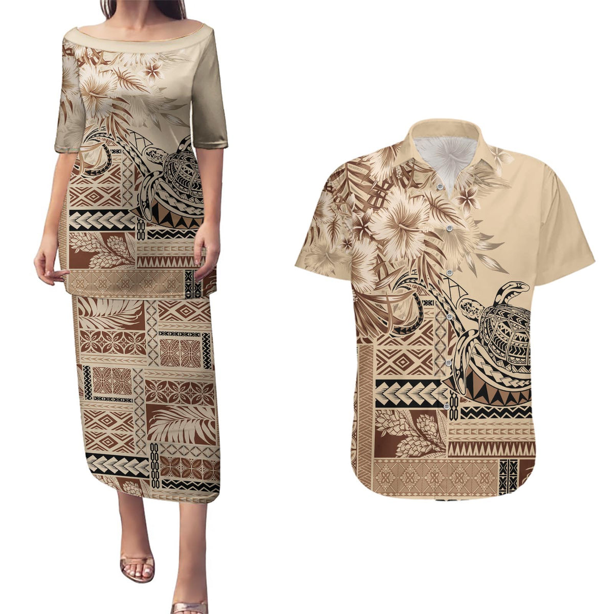 Vaiaso o le Gagana Samoa Couples Matching Puletasi and Hawaiian Shirt Siapo Motif Beige LT7 Beige - Polynesian Pride