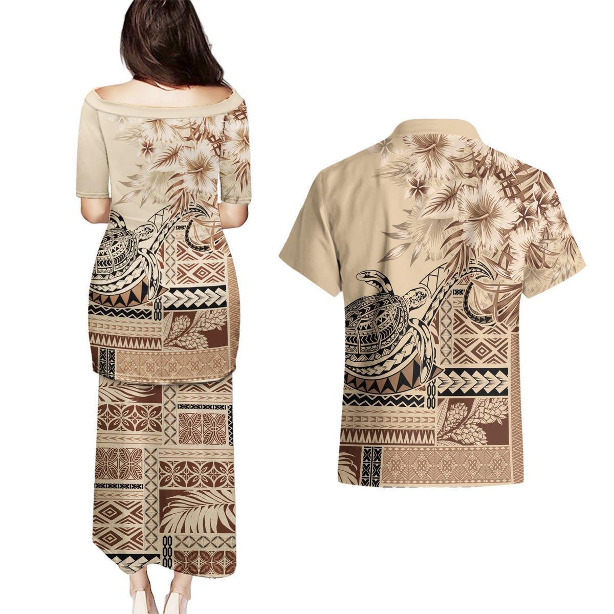 Vaiaso o le Gagana Samoa Couples Matching Puletasi and Hawaiian Shirt Siapo Motif Beige LT7 - Polynesian Pride
