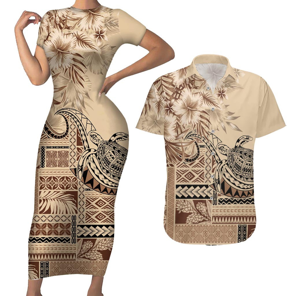 Vaiaso o le Gagana Samoa Couples Matching Short Sleeve Bodycon Dress and Hawaiian Shirt Siapo Motif Beige LT7 Beige - Polynesian Pride