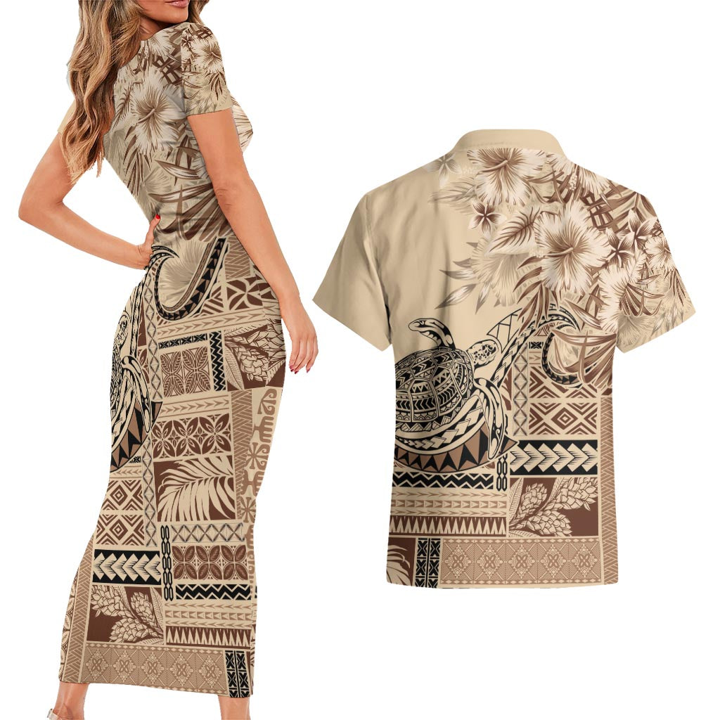 Vaiaso o le Gagana Samoa Couples Matching Short Sleeve Bodycon Dress and Hawaiian Shirt Siapo Motif Beige LT7 - Polynesian Pride