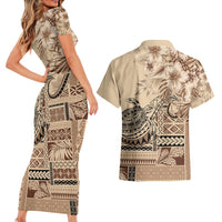 Vaiaso o le Gagana Samoa Couples Matching Short Sleeve Bodycon Dress and Hawaiian Shirt Siapo Motif Beige LT7 - Polynesian Pride
