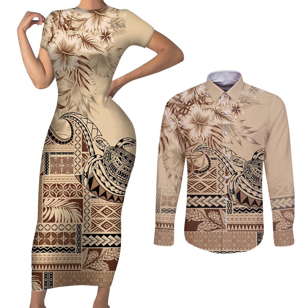 Vaiaso o le Gagana Samoa Couples Matching Short Sleeve Bodycon Dress and Long Sleeve Button Shirt Siapo Motif Beige LT7 Beige - Polynesian Pride