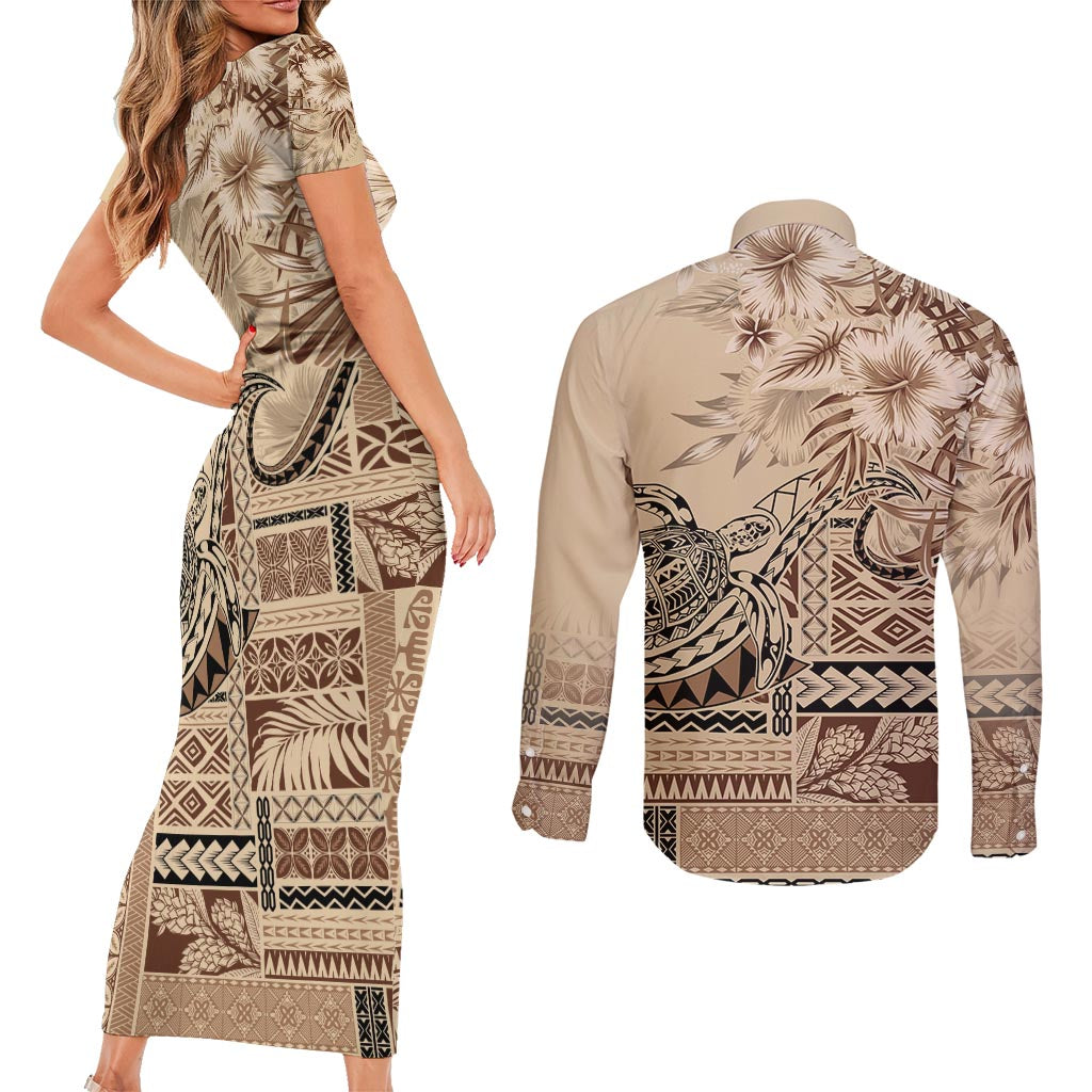 Vaiaso o le Gagana Samoa Couples Matching Short Sleeve Bodycon Dress and Long Sleeve Button Shirt Siapo Motif Beige LT7 - Polynesian Pride