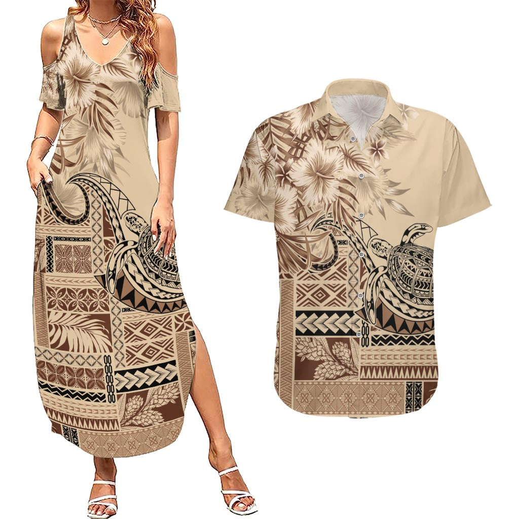 Vaiaso o le Gagana Samoa Couples Matching Summer Maxi Dress and Hawaiian Shirt Siapo Motif Beige LT7 Beige - Polynesian Pride