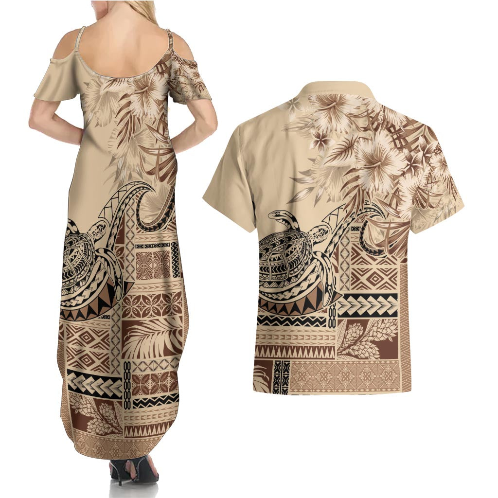 Vaiaso o le Gagana Samoa Couples Matching Summer Maxi Dress and Hawaiian Shirt Siapo Motif Beige LT7 - Polynesian Pride