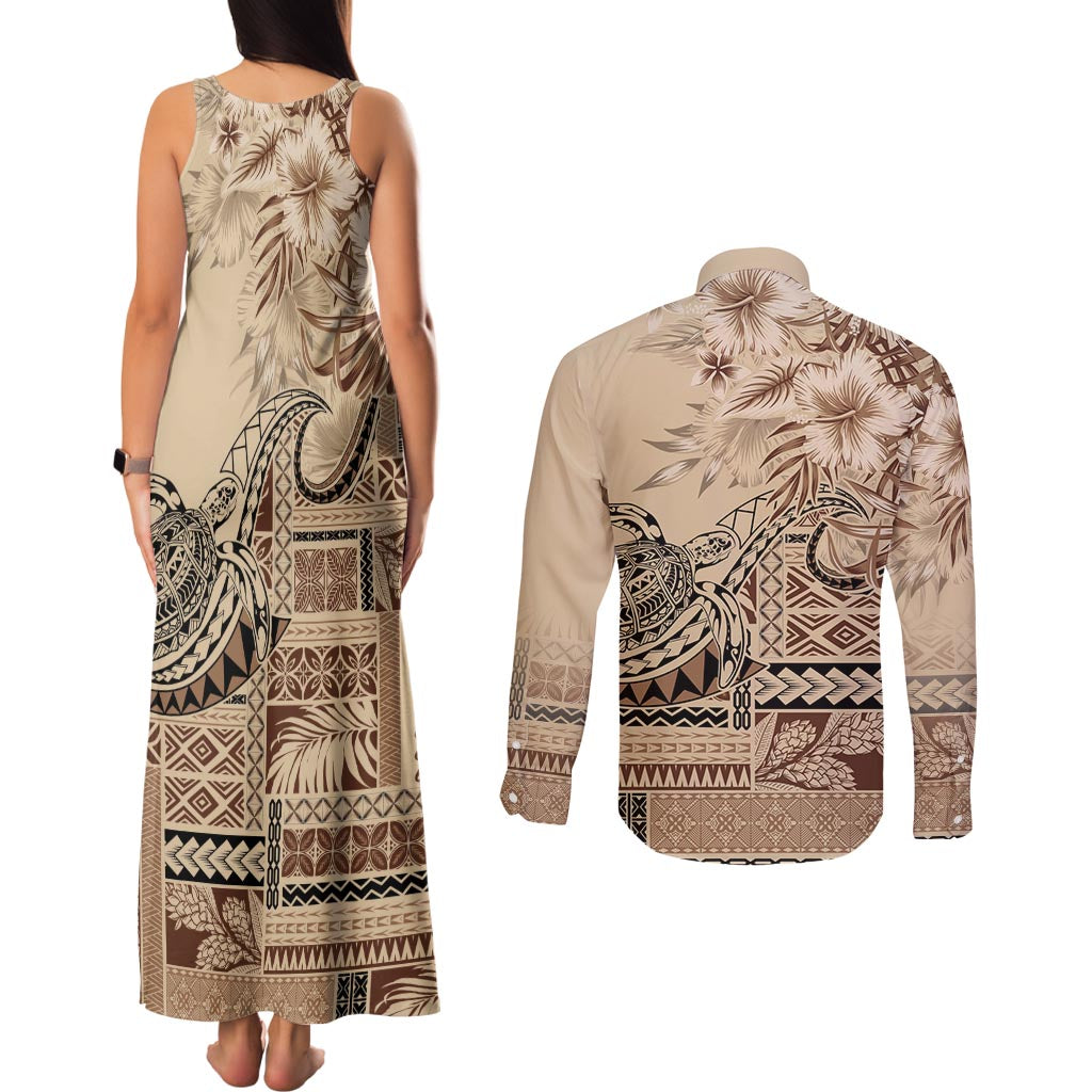 Vaiaso o le Gagana Samoa Couples Matching Tank Maxi Dress and Long Sleeve Button Shirt Siapo Motif Beige LT7 - Polynesian Pride
