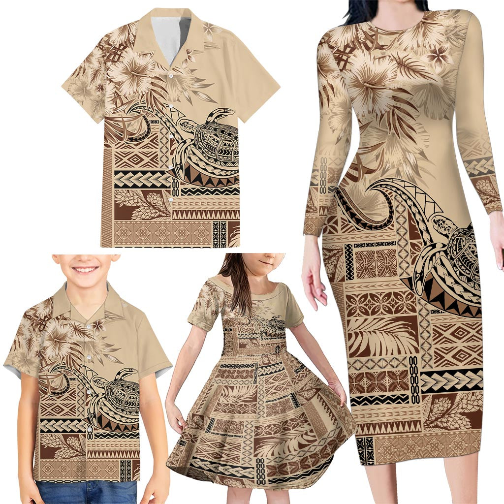 Vaiaso o le Gagana Samoa Family Matching Long Sleeve Bodycon Dress and Hawaiian Shirt Siapo Motif Beige LT7 - Polynesian Pride