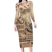 Vaiaso o le Gagana Samoa Family Matching Long Sleeve Bodycon Dress and Hawaiian Shirt Siapo Motif Beige LT7 Mom's Dress Beige - Polynesian Pride