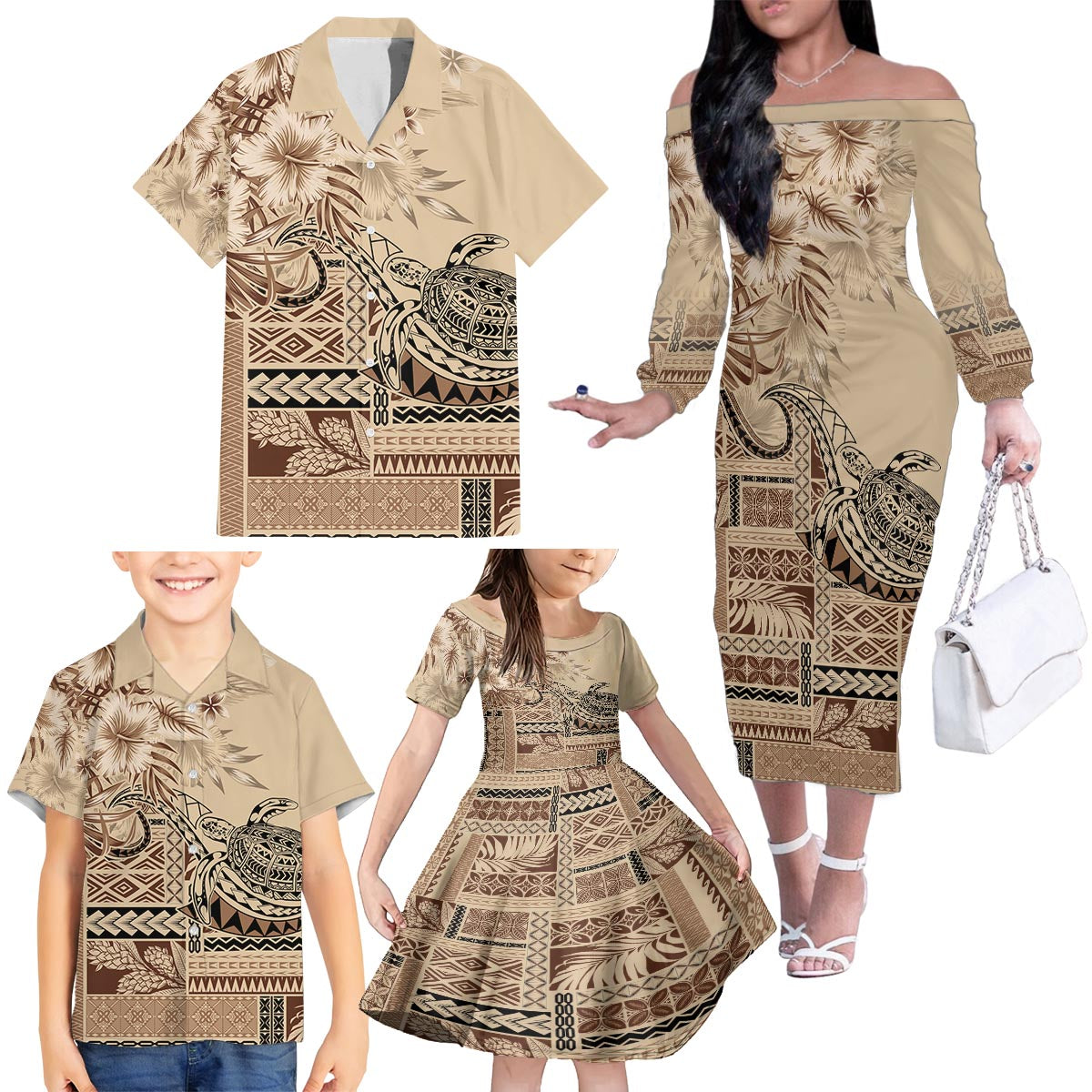 Vaiaso o le Gagana Samoa Family Matching Off The Shoulder Long Sleeve Dress and Hawaiian Shirt Siapo Motif Beige LT7 - Polynesian Pride
