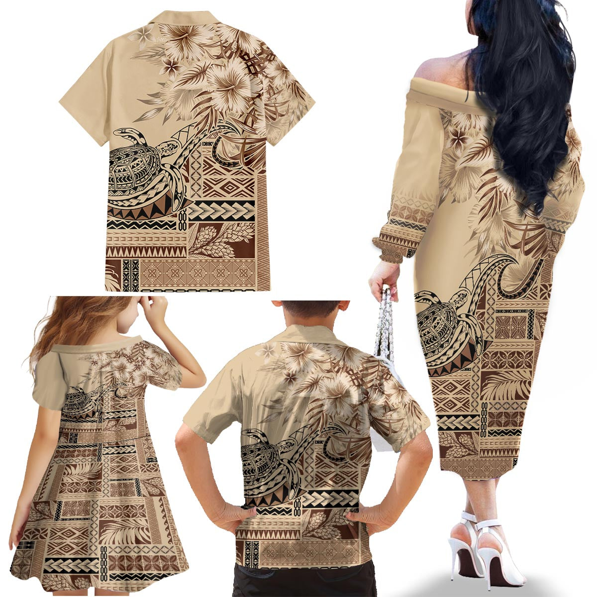 Vaiaso o le Gagana Samoa Family Matching Off The Shoulder Long Sleeve Dress and Hawaiian Shirt Siapo Motif Beige LT7 - Polynesian Pride