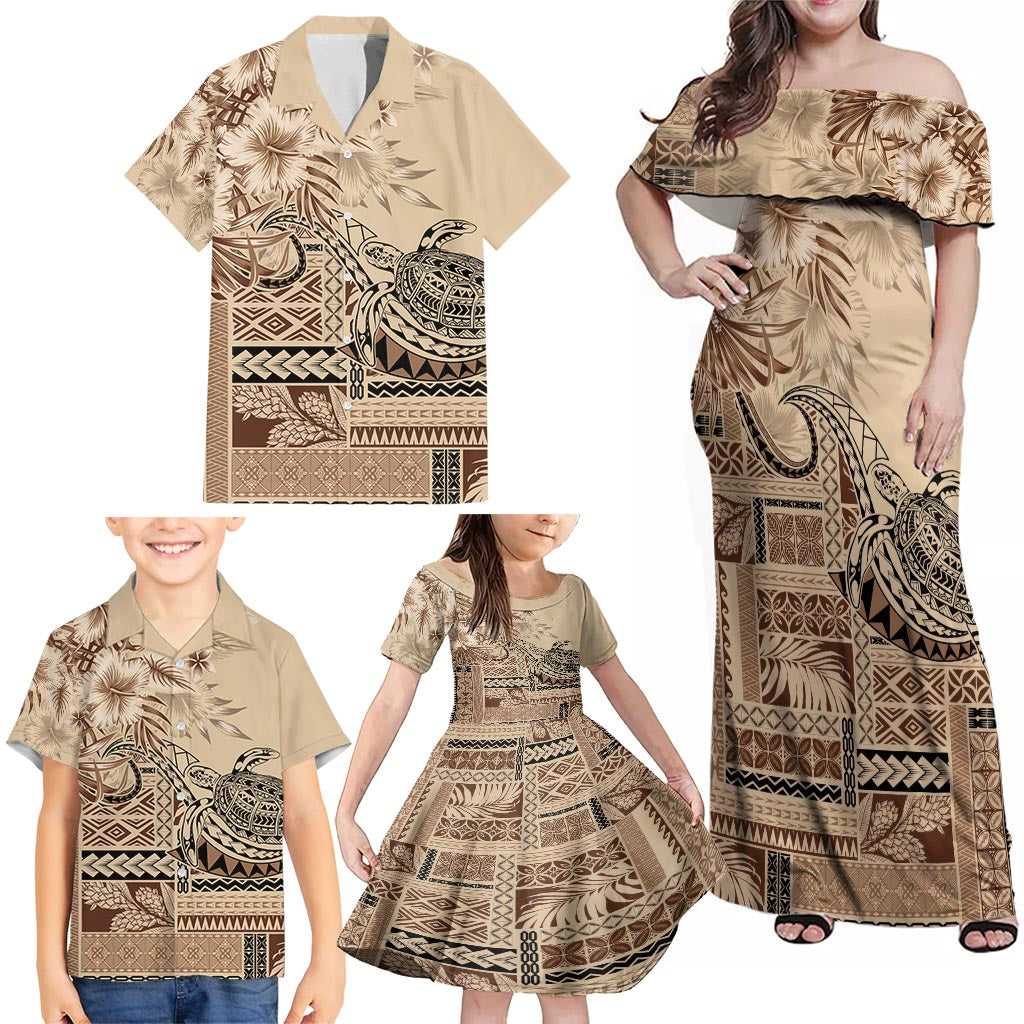 Vaiaso o le Gagana Samoa Family Matching Off Shoulder Maxi Dress and Hawaiian Shirt Siapo Motif Beige LT7 - Polynesian Pride