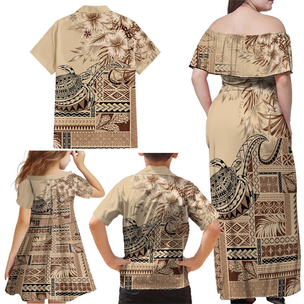 Vaiaso o le Gagana Samoa Family Matching Off Shoulder Maxi Dress and Hawaiian Shirt Siapo Motif Beige LT7 - Polynesian Pride