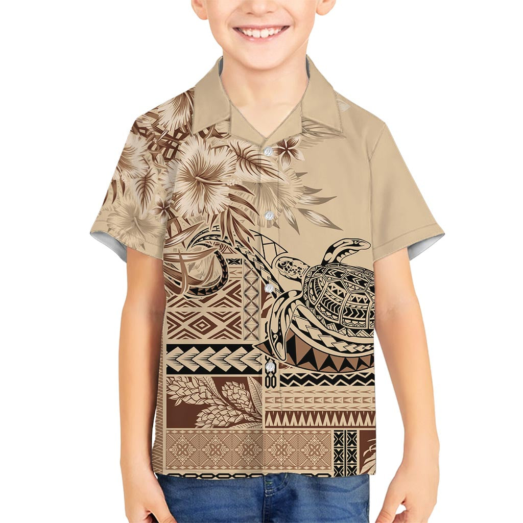 Vaiaso o le Gagana Samoa Family Matching Off Shoulder Maxi Dress and Hawaiian Shirt Siapo Motif Beige LT7 Son's Shirt Beige - Polynesian Pride