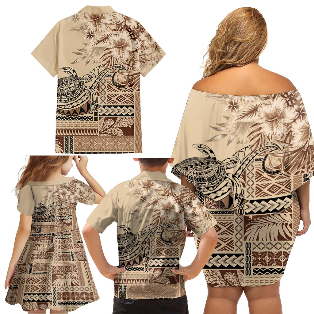 Vaiaso o le Gagana Samoa Family Matching Off Shoulder Short Dress and Hawaiian Shirt Siapo Motif Beige LT7 - Polynesian Pride