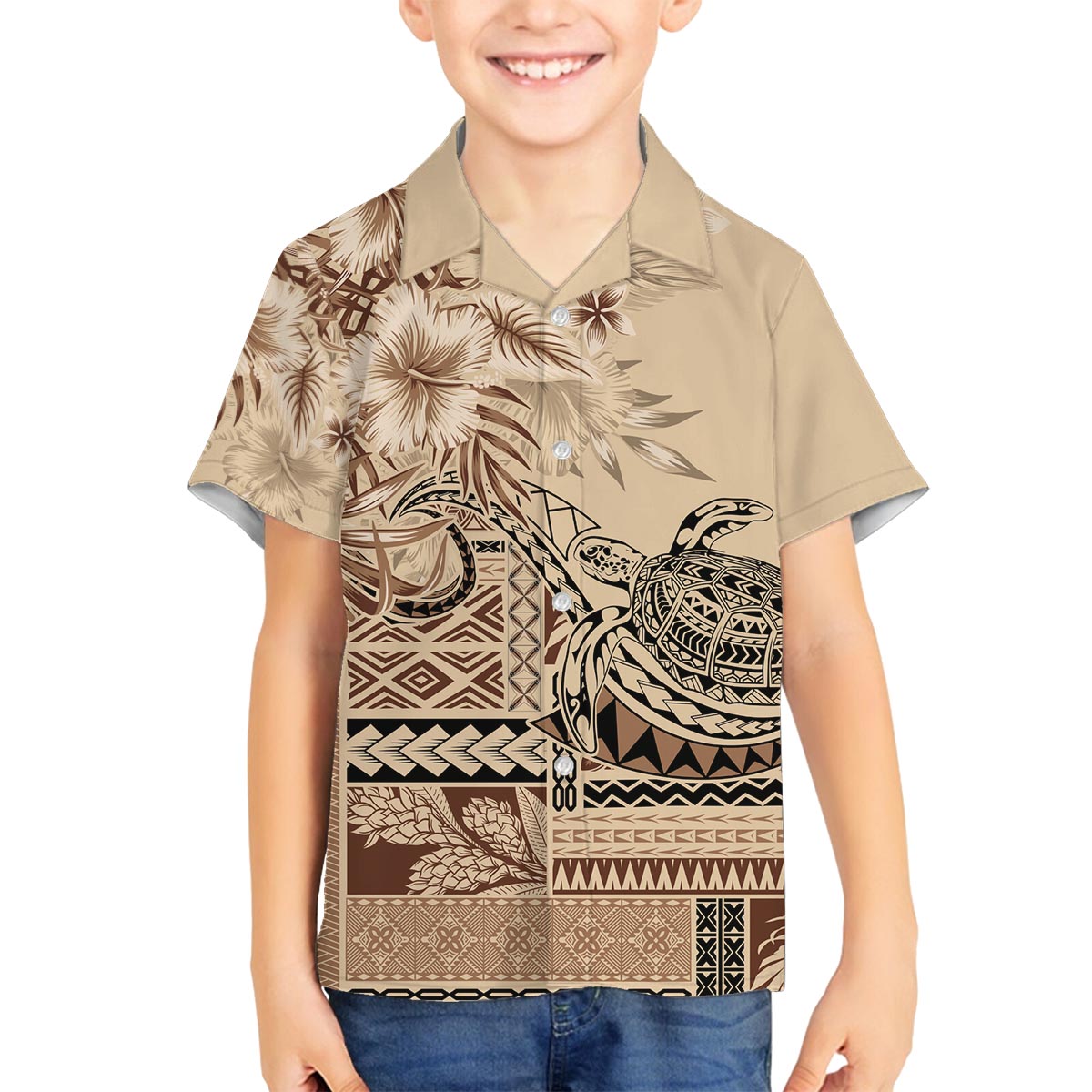 Vaiaso o le Gagana Samoa Family Matching Puletasi and Hawaiian Shirt Siapo Motif Beige LT7 Son's Shirt Beige - Polynesian Pride