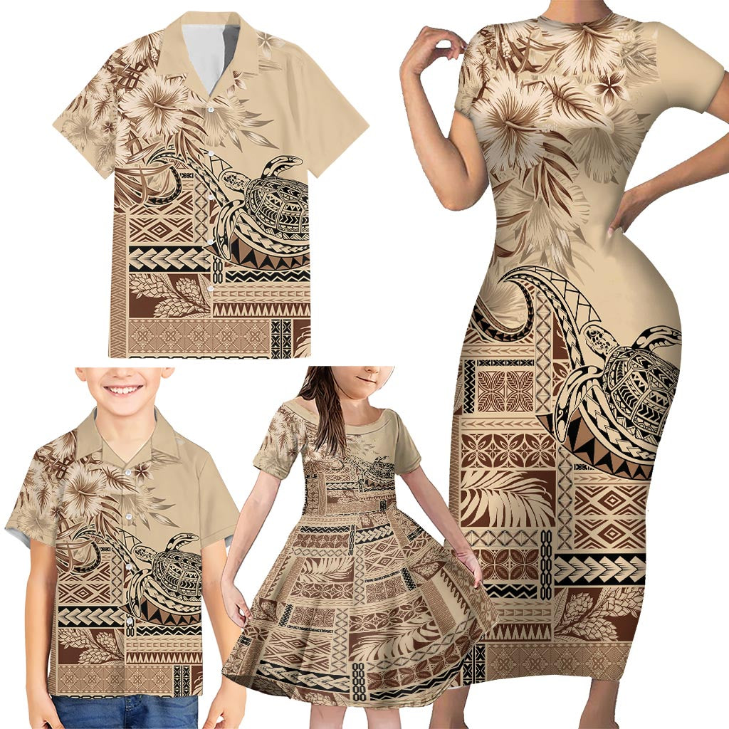 Vaiaso o le Gagana Samoa Family Matching Short Sleeve Bodycon Dress and Hawaiian Shirt Siapo Motif Beige LT7 - Polynesian Pride