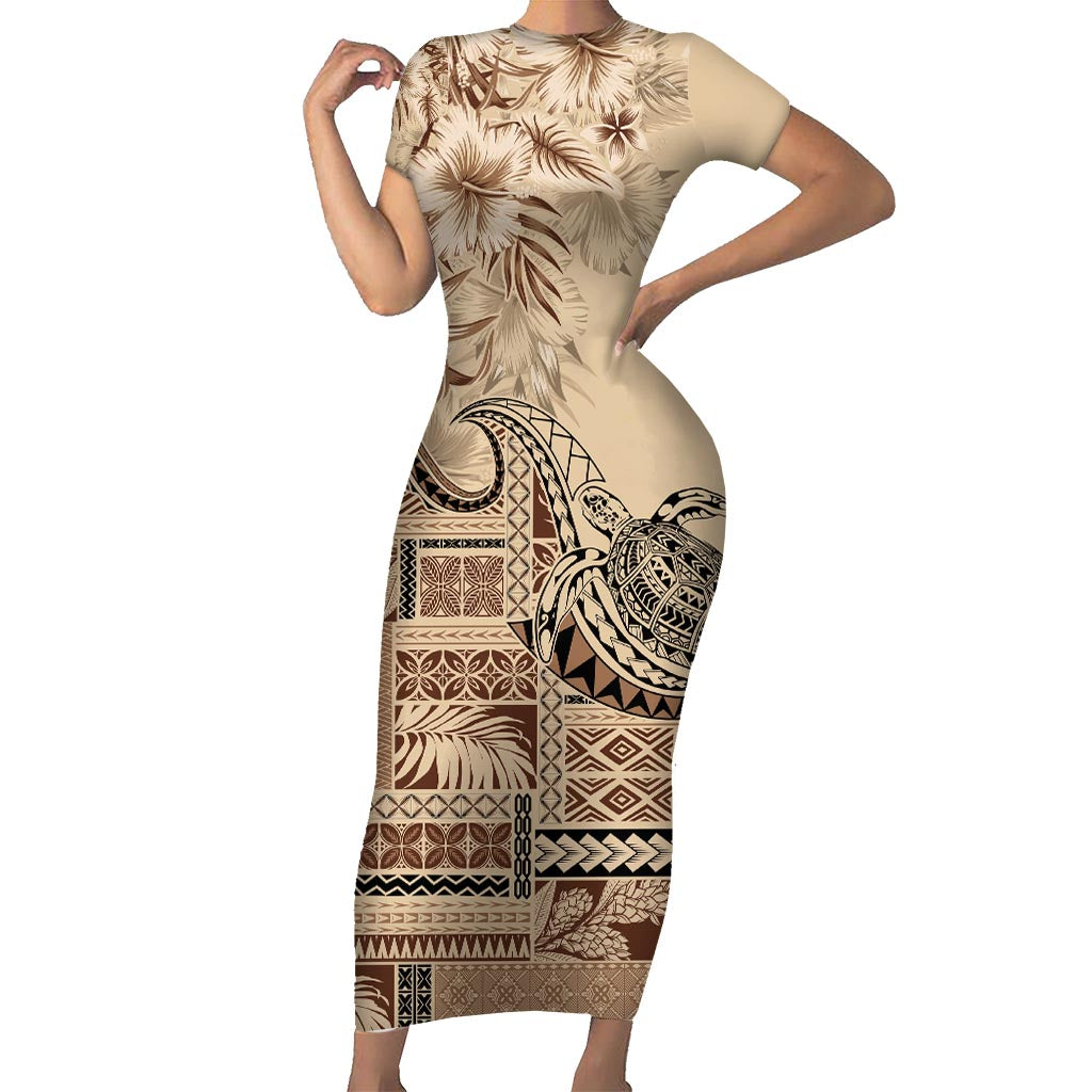 Vaiaso o le Gagana Samoa Family Matching Short Sleeve Bodycon Dress and Hawaiian Shirt Siapo Motif Beige LT7 Mom's Dress Beige - Polynesian Pride