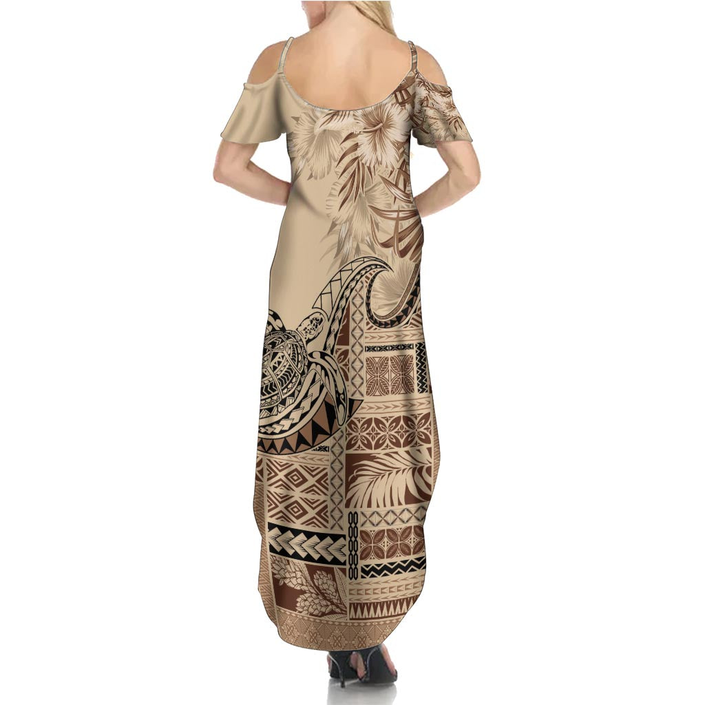 Vaiaso o le Gagana Samoa Family Matching Summer Maxi Dress and Hawaiian Shirt Siapo Motif Beige LT7 - Polynesian Pride
