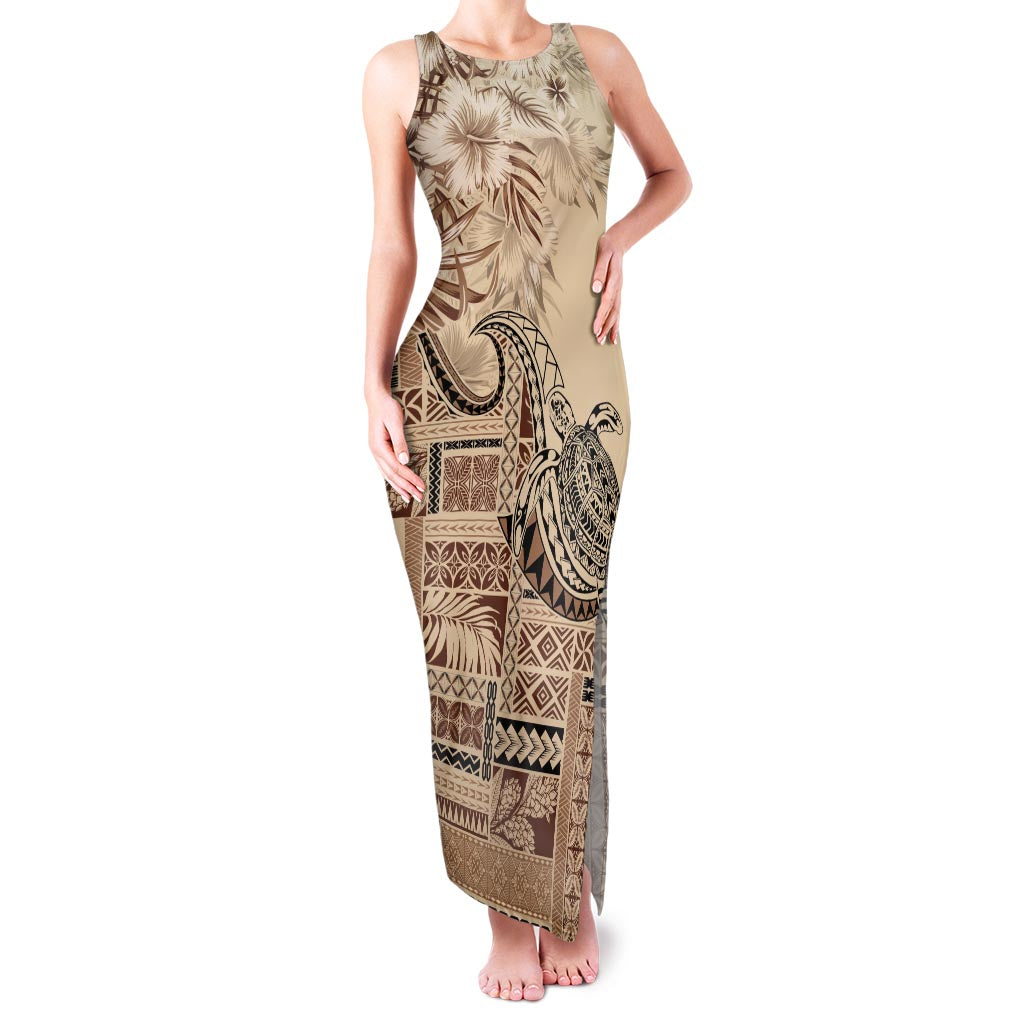 Vaiaso o le Gagana Samoa Family Matching Tank Maxi Dress and Hawaiian Shirt Siapo Motif Beige LT7 Mom's Dress Beige - Polynesian Pride