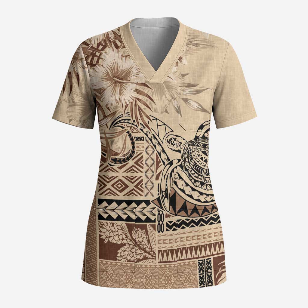 Vaiaso o le Gagana Samoa Scrub Top Siapo Motif Beige LT7 Adult Beige - Polynesian Pride