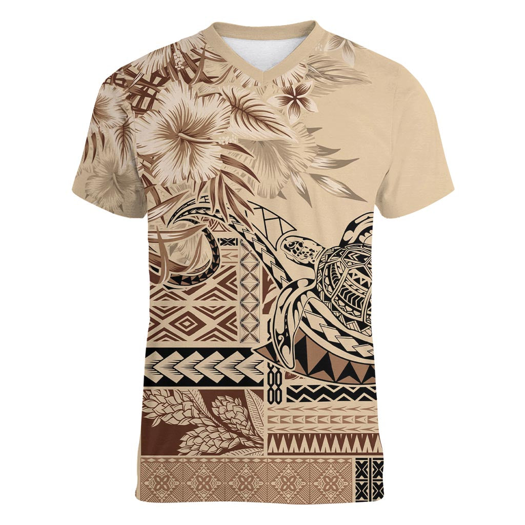 Vaiaso o le Gagana Samoa Women V-Neck T-Shirt Siapo Motif Beige LT7 Female Beige - Polynesian Pride