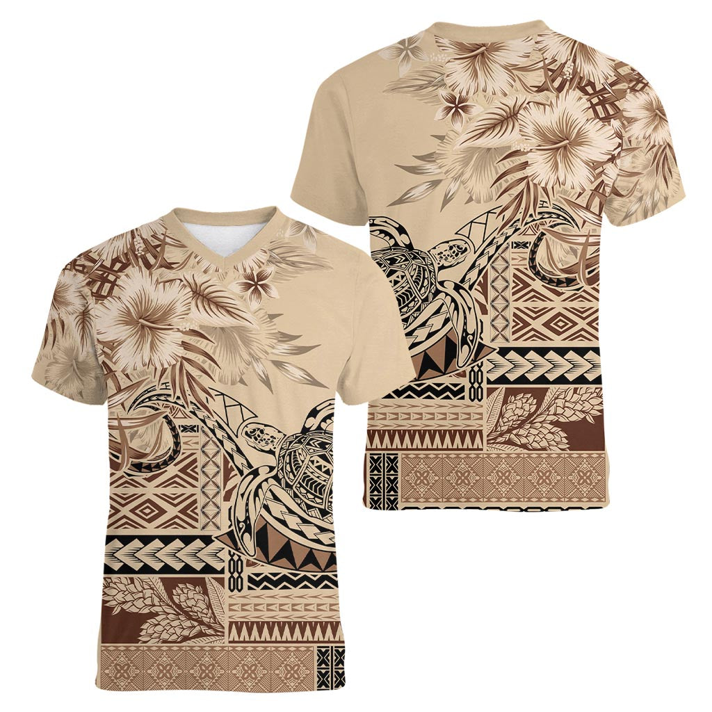 Vaiaso o le Gagana Samoa Women V-Neck T-Shirt Siapo Motif Beige LT7 - Polynesian Pride
