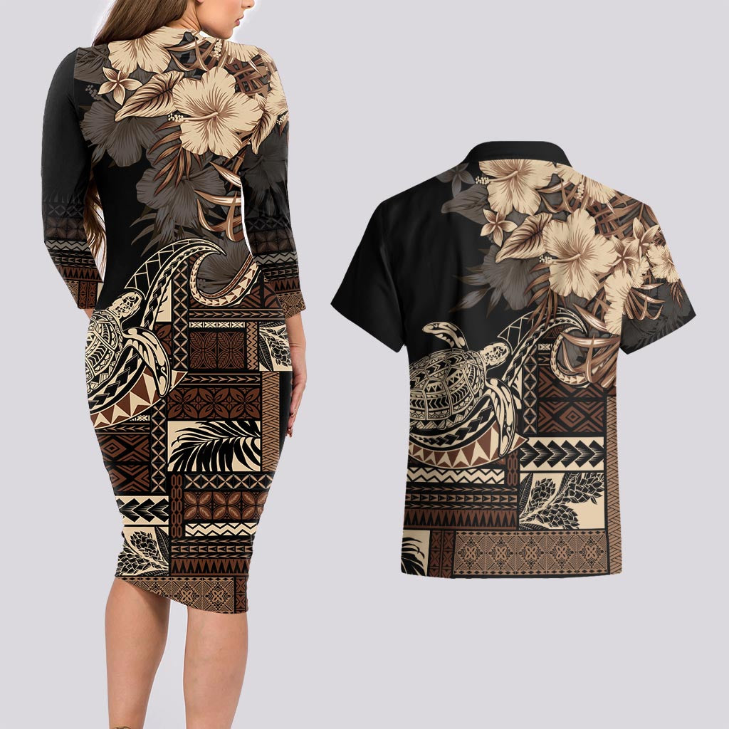 Vaiaso o le Gagana Samoa Couples Matching Long Sleeve Bodycon Dress and Hawaiian Shirt Siapo Motif Black LT7 - Polynesian Pride