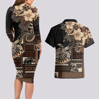 Vaiaso o le Gagana Samoa Couples Matching Long Sleeve Bodycon Dress and Hawaiian Shirt Siapo Motif Black LT7 - Polynesian Pride