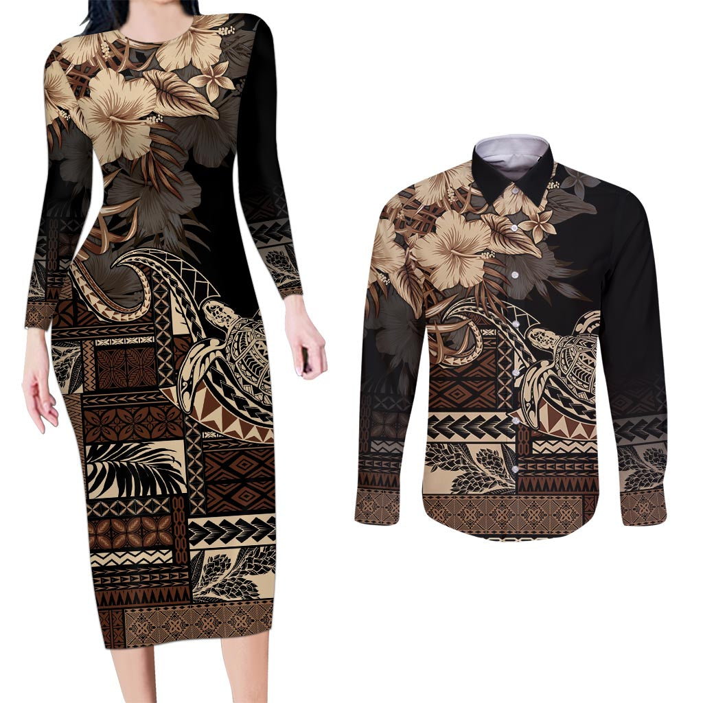 Vaiaso o le Gagana Samoa Couples Matching Long Sleeve Bodycon Dress and Long Sleeve Button Shirt Siapo Motif Black LT7 Black - Polynesian Pride