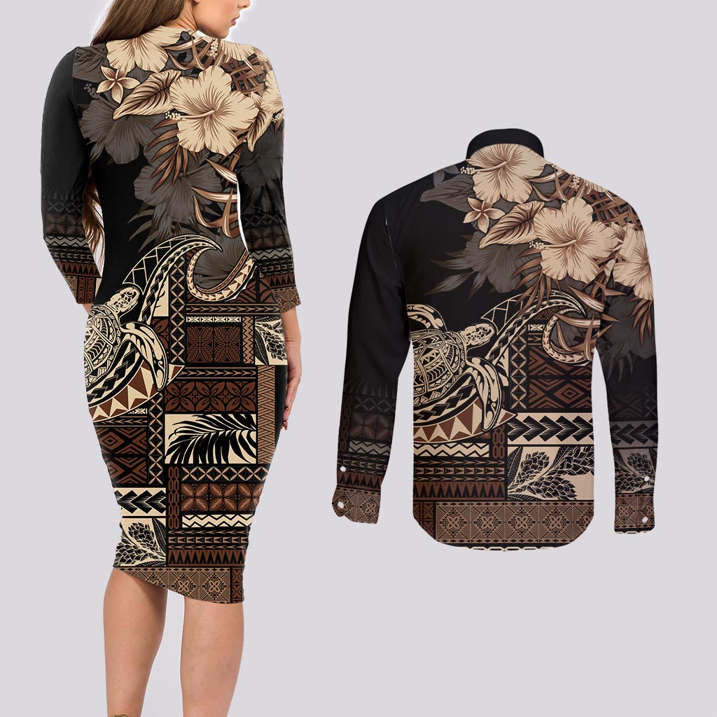 Vaiaso o le Gagana Samoa Couples Matching Long Sleeve Bodycon Dress and Long Sleeve Button Shirt Siapo Motif Black LT7 - Polynesian Pride