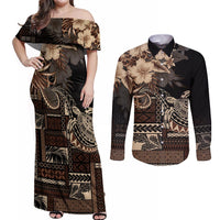 Vaiaso o le Gagana Samoa Couples Matching Off Shoulder Maxi Dress and Long Sleeve Button Shirt Siapo Motif Black LT7 Black - Polynesian Pride