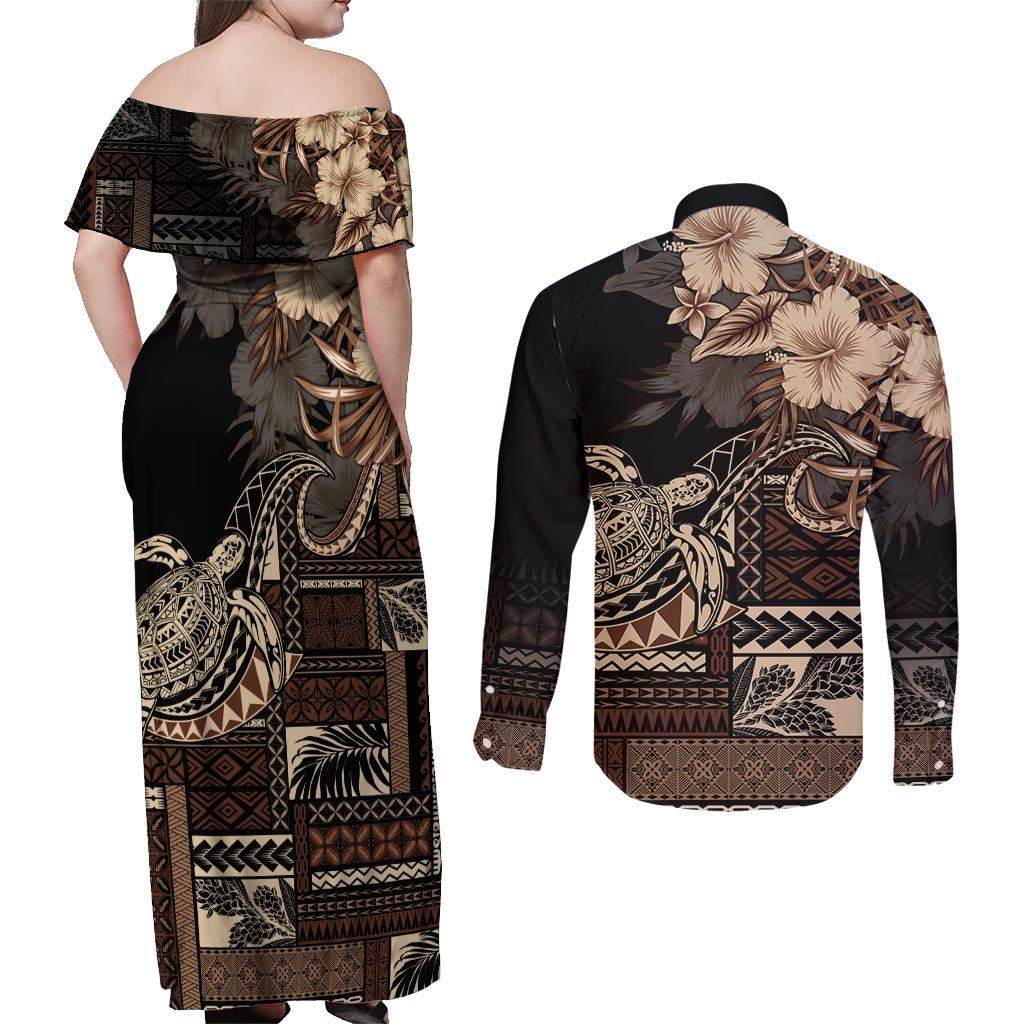 Vaiaso o le Gagana Samoa Couples Matching Off Shoulder Maxi Dress and Long Sleeve Button Shirt Siapo Motif Black LT7 - Polynesian Pride