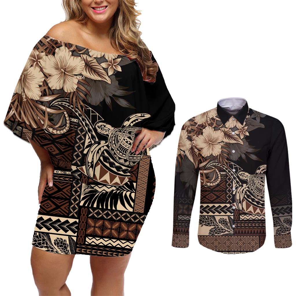 Vaiaso o le Gagana Samoa Couples Matching Off Shoulder Short Dress and Long Sleeve Button Shirt Siapo Motif Black LT7 Black - Polynesian Pride