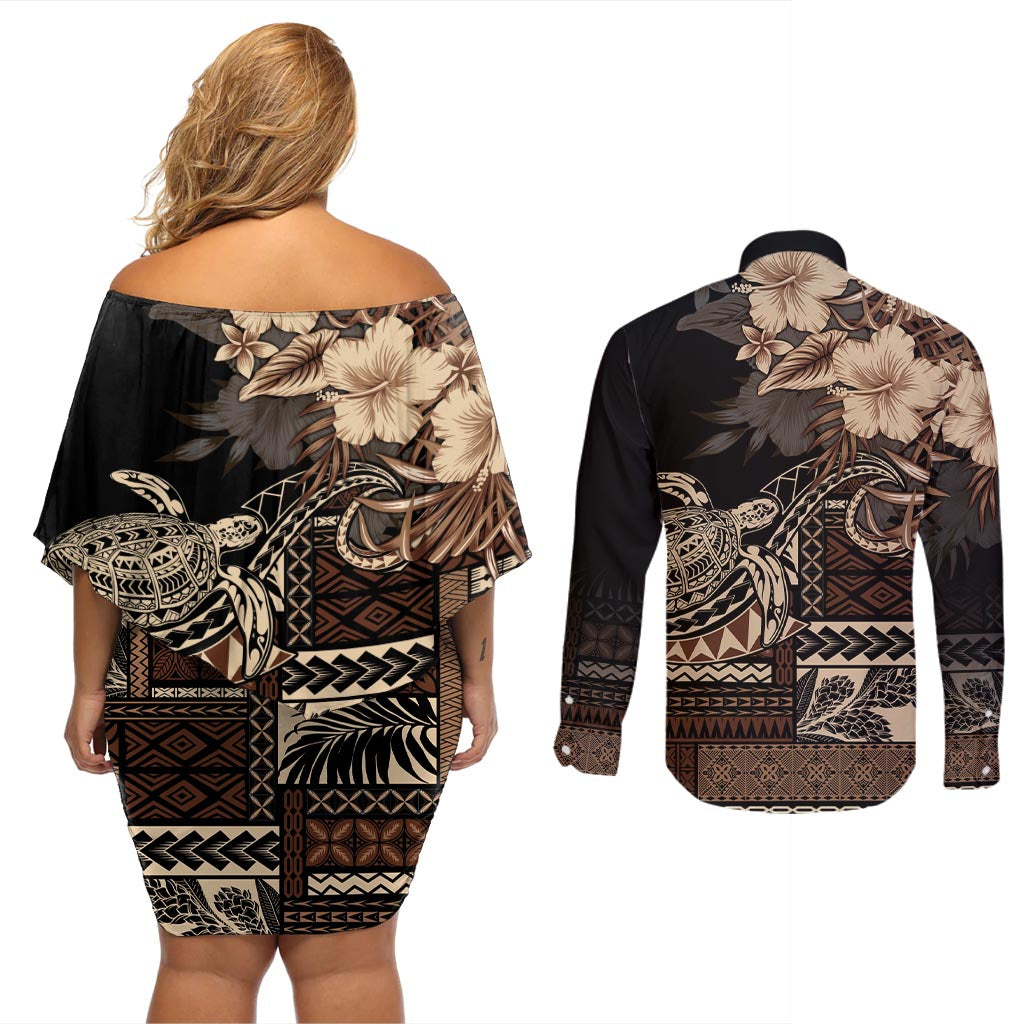 Vaiaso o le Gagana Samoa Couples Matching Off Shoulder Short Dress and Long Sleeve Button Shirt Siapo Motif Black LT7 - Polynesian Pride