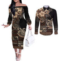 Vaiaso o le Gagana Samoa Couples Matching Off The Shoulder Long Sleeve Dress and Long Sleeve Button Shirt Siapo Motif Black LT7 Black - Polynesian Pride