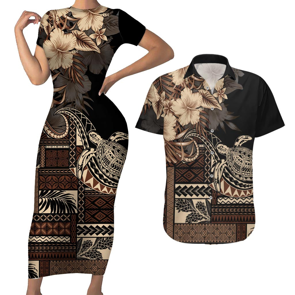 Vaiaso o le Gagana Samoa Couples Matching Short Sleeve Bodycon Dress and Hawaiian Shirt Siapo Motif Black LT7 Black - Polynesian Pride