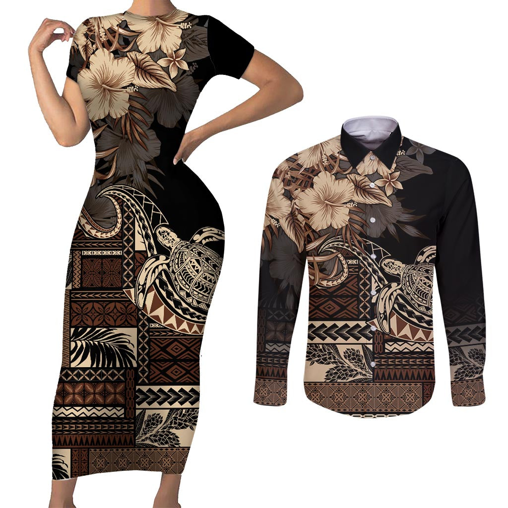 Vaiaso o le Gagana Samoa Couples Matching Short Sleeve Bodycon Dress and Long Sleeve Button Shirt Siapo Motif Black LT7 Black - Polynesian Pride