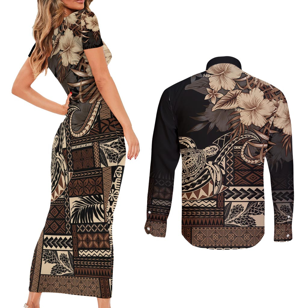 Vaiaso o le Gagana Samoa Couples Matching Short Sleeve Bodycon Dress and Long Sleeve Button Shirt Siapo Motif Black LT7 - Polynesian Pride