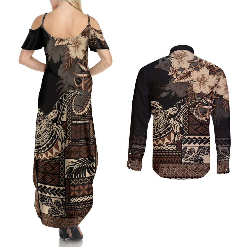 Vaiaso o le Gagana Samoa Couples Matching Summer Maxi Dress and Long Sleeve Button Shirt Siapo Motif Black LT7 - Polynesian Pride